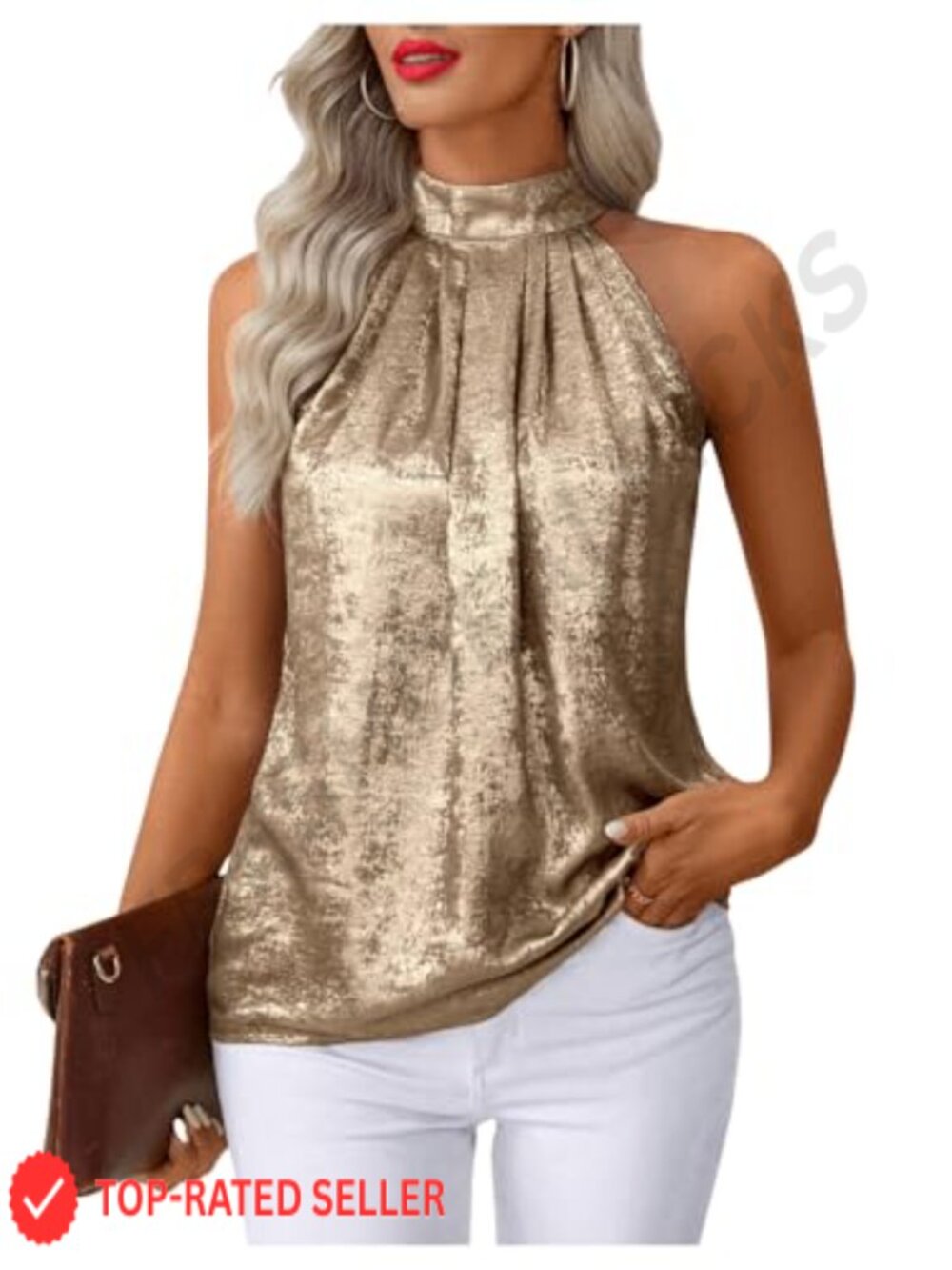 Women's Metallic Pleated Halter Tank Top Sleeveless Button Back Summer Work